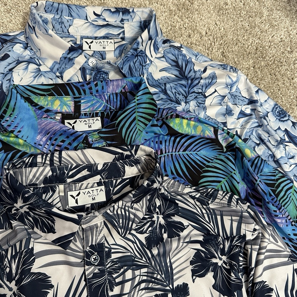Yatta Golf Polo Shirt Mens Medium Blue Floral Print Tennis Pickleball Lot of 3